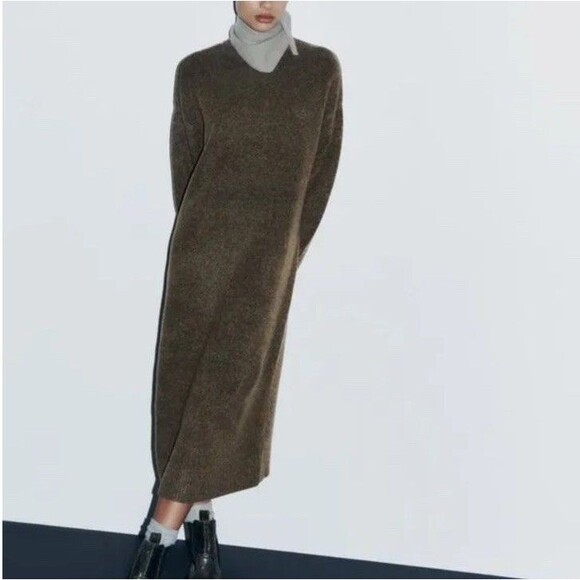 Zara Charcoal Gray Fleece Maxi Sweater Dress Size L Lagenlook Old Money Preppy - Picture 1 of 11